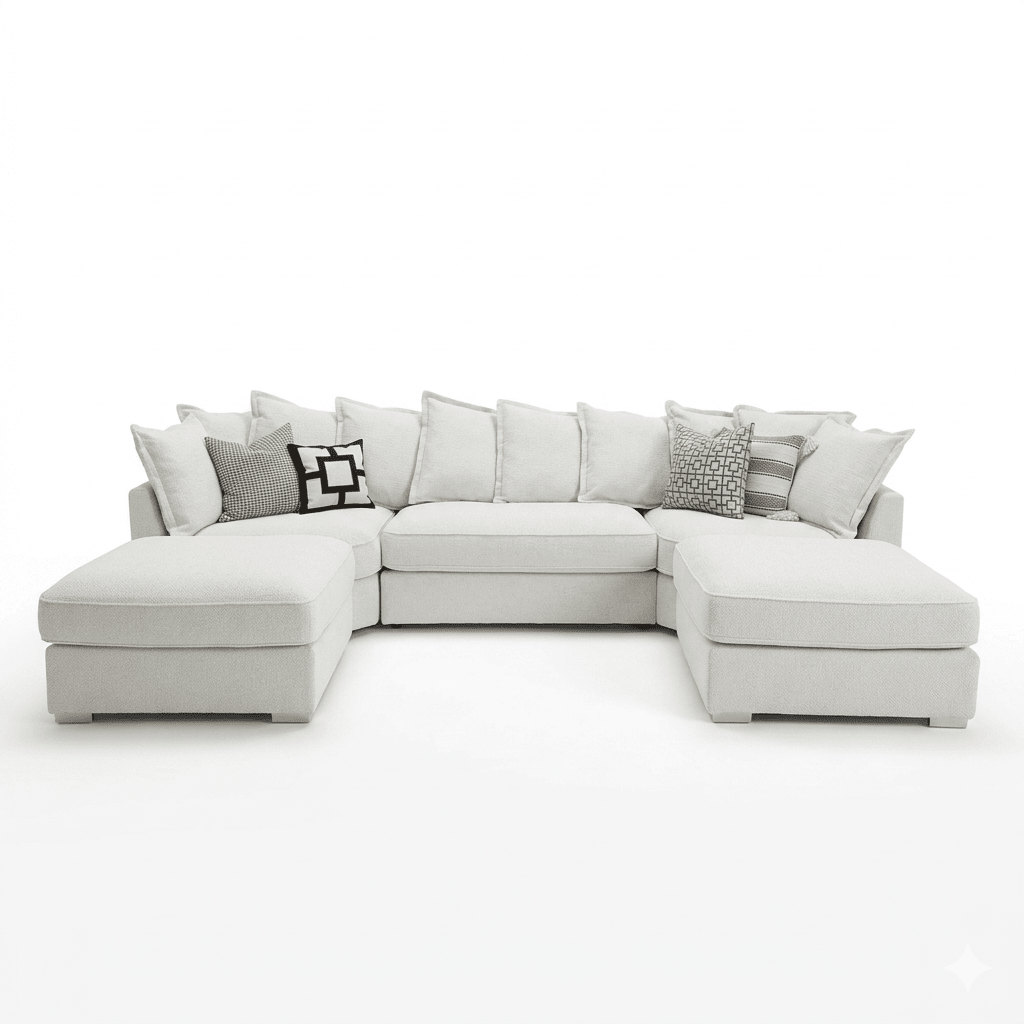 Luxury U-shaped cream sectional sofa with scatter cushions, modern minimalist design