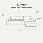 Line drawing of large right-hand facing sectional sofa with dimensions labeled in cm.