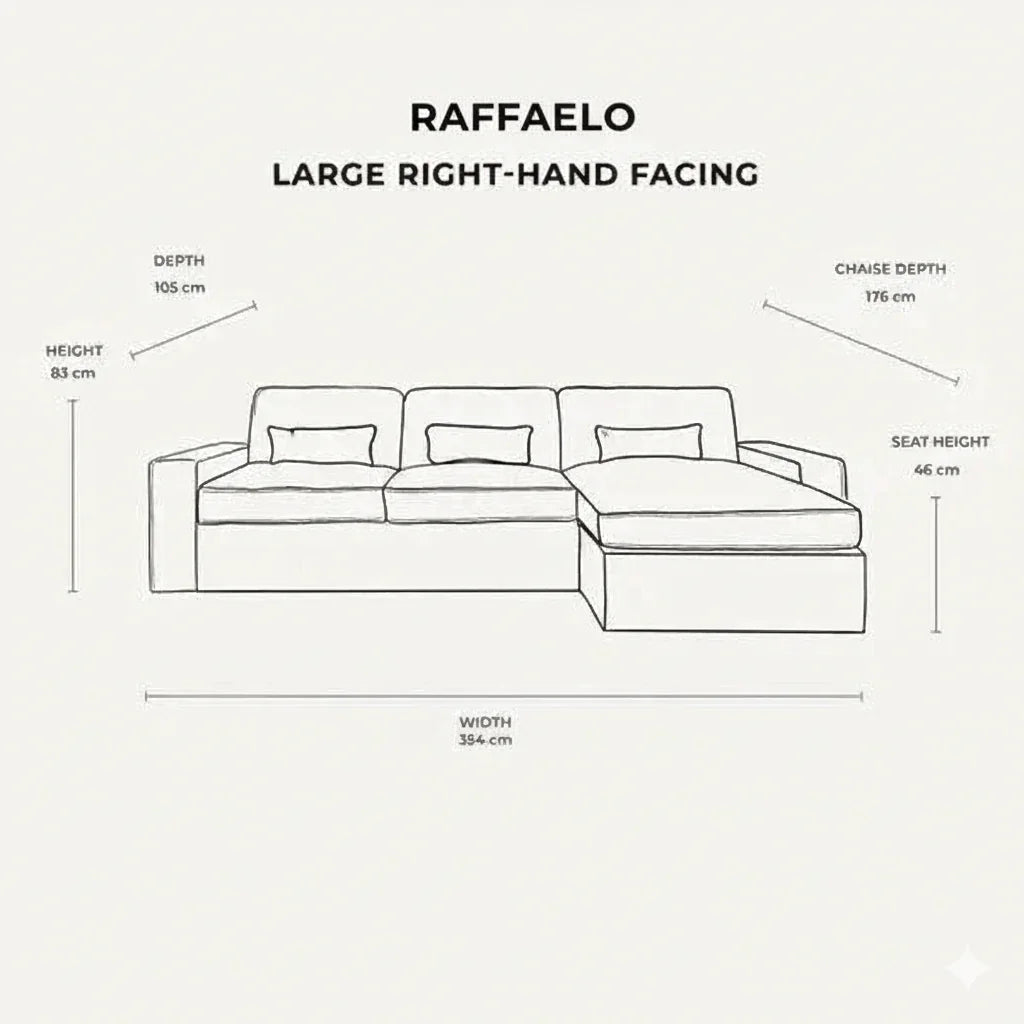 Line drawing of large right-hand facing sectional sofa with dimensions labeled in cm.