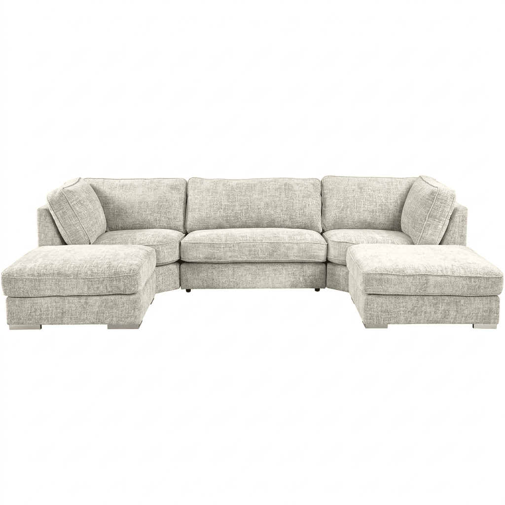 Modern light grey L-shaped corner sofa with chaise lounge, upholstered fabric, isolated on white