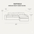Diagram of a medium right-hand facing sofa with measurements for depth, width, height, and chaise.