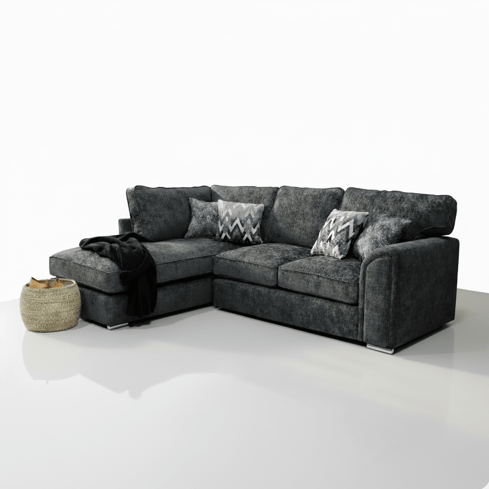 Dark grey corner sofa with plush cushions, patterned throw pillows, and modern design