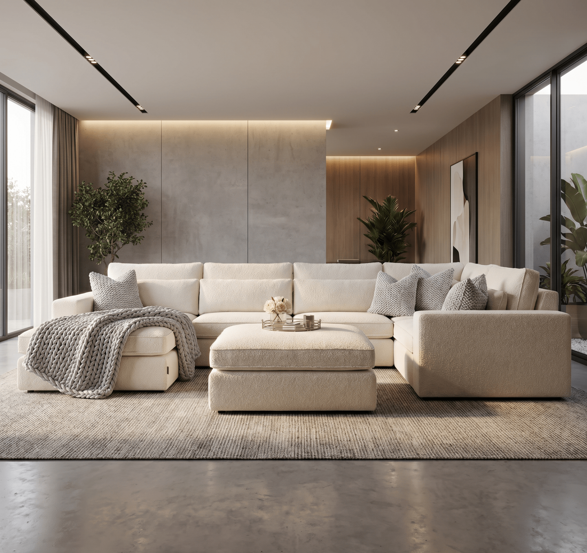 Modern cream sectional sofa with ottoman in a stylish lounge, large windows, cozy decor