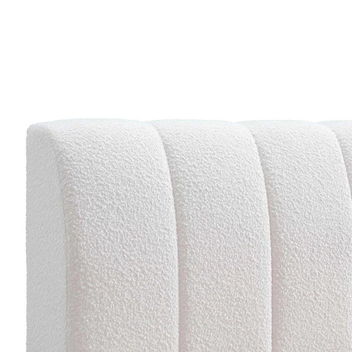 Modern white boucle upholstered headboard with vertical channel tufting