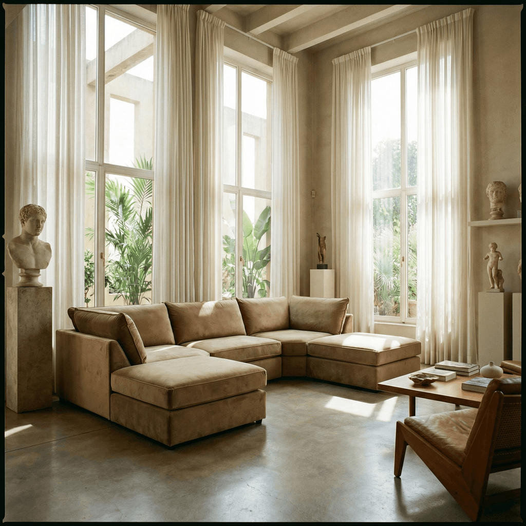 Modern beige sectional sofa in bright, airy living room with tall windows and elegant decor