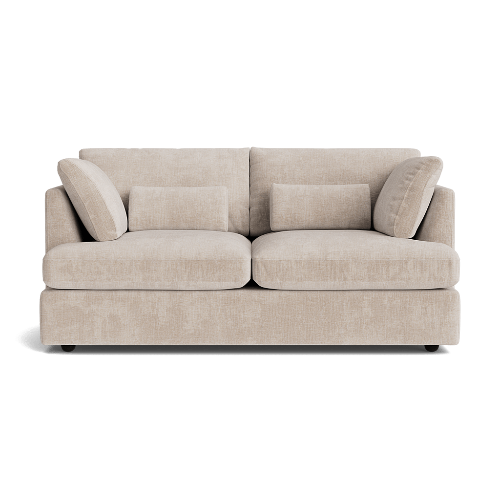 Modern beige fabric sofa with plush cushions, minimalist design, isolated on white background