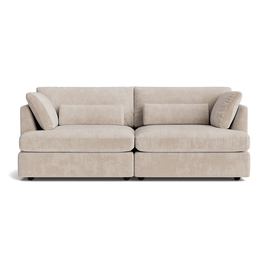 Modern beige fabric sofa with plush cushions and low arms, perfect for living room decor