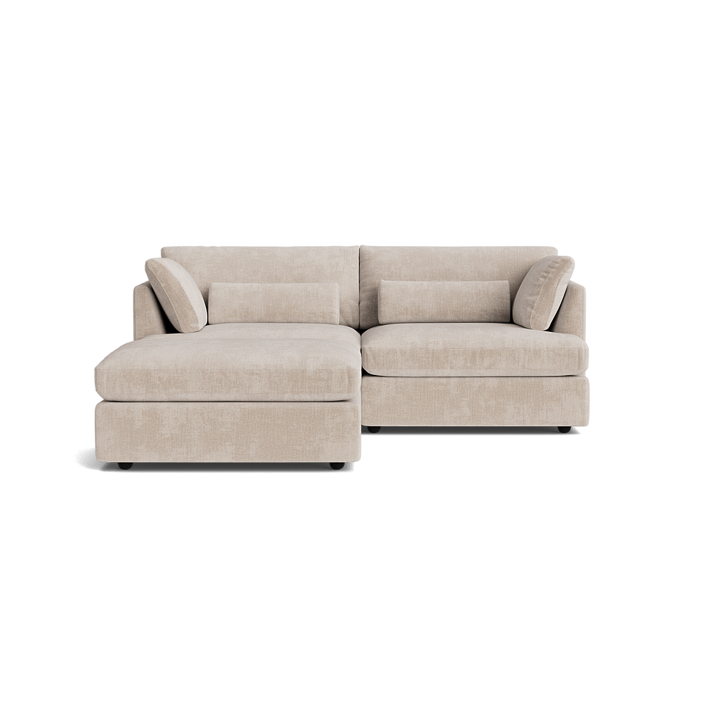 Modern beige corner sofa with chaise lounge, plush cushions, luxury living room furniture