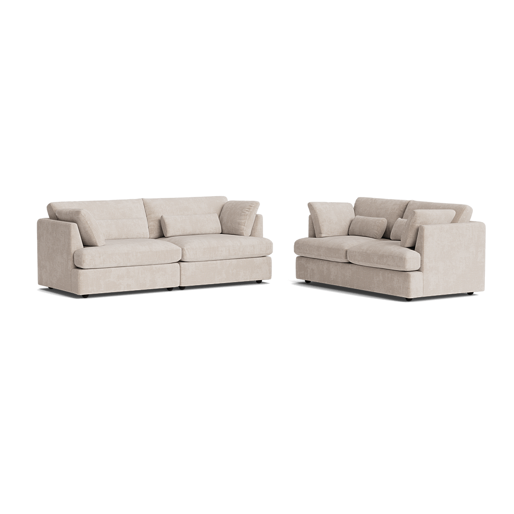 Set of two modern beige fabric sofas with plush cushions and contemporary design