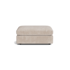 Beige fabric ottoman with plush cushion, modern living room furniture.