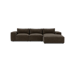 Modern brown sectional sofa with chaise, plush cushions, and wide armrests on white background