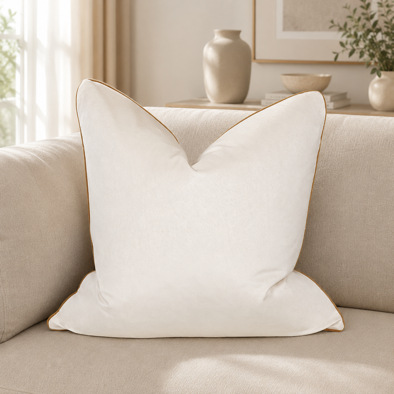 Cream velvet throw pillow with gold piping on a neutral sofa, luxury living room decor