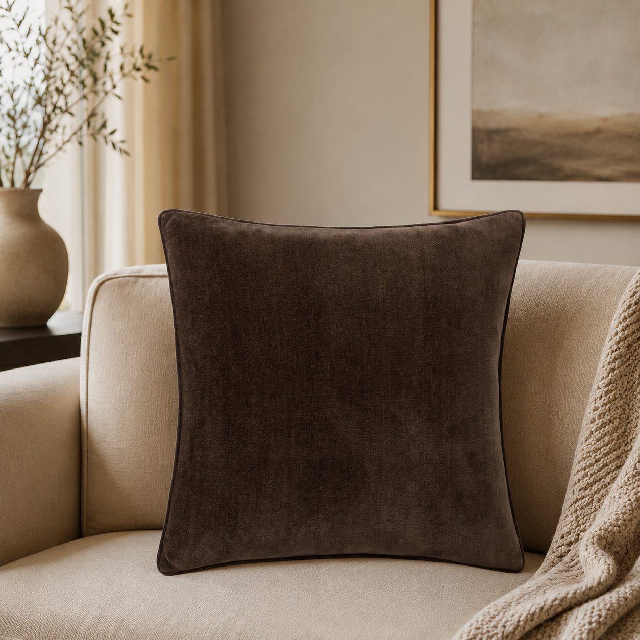 Luxury brown velvet cushion on beige sofa, modern living room decor with knit throw and artwork