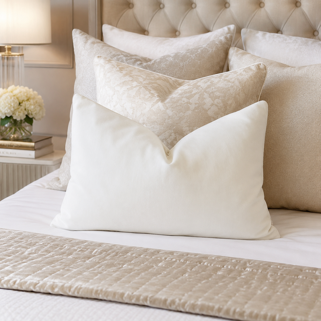 Luxury beige and cream decorative pillows on a tufted bed with quilted throw, perfect for elegant bedroom styling.
