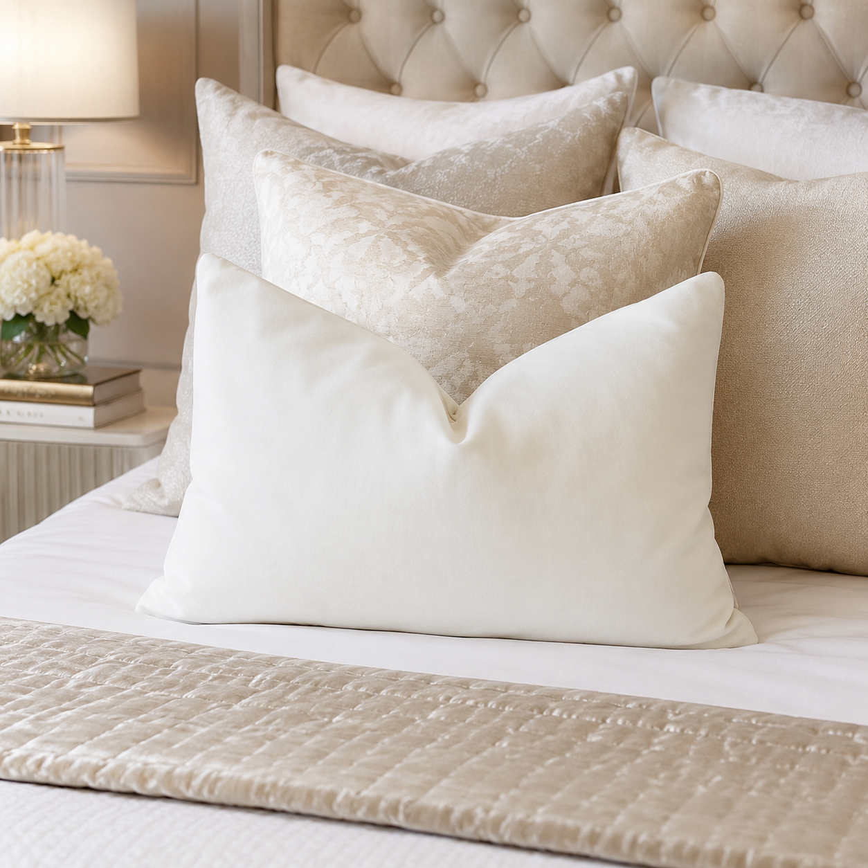 Luxury beige and cream decorative pillows on a tufted bed with quilted throw, perfect for elegant bedroom styling.
