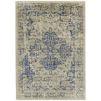 Blue and beige vintage-style area rug with distressed floral pattern, perfect for living room decor