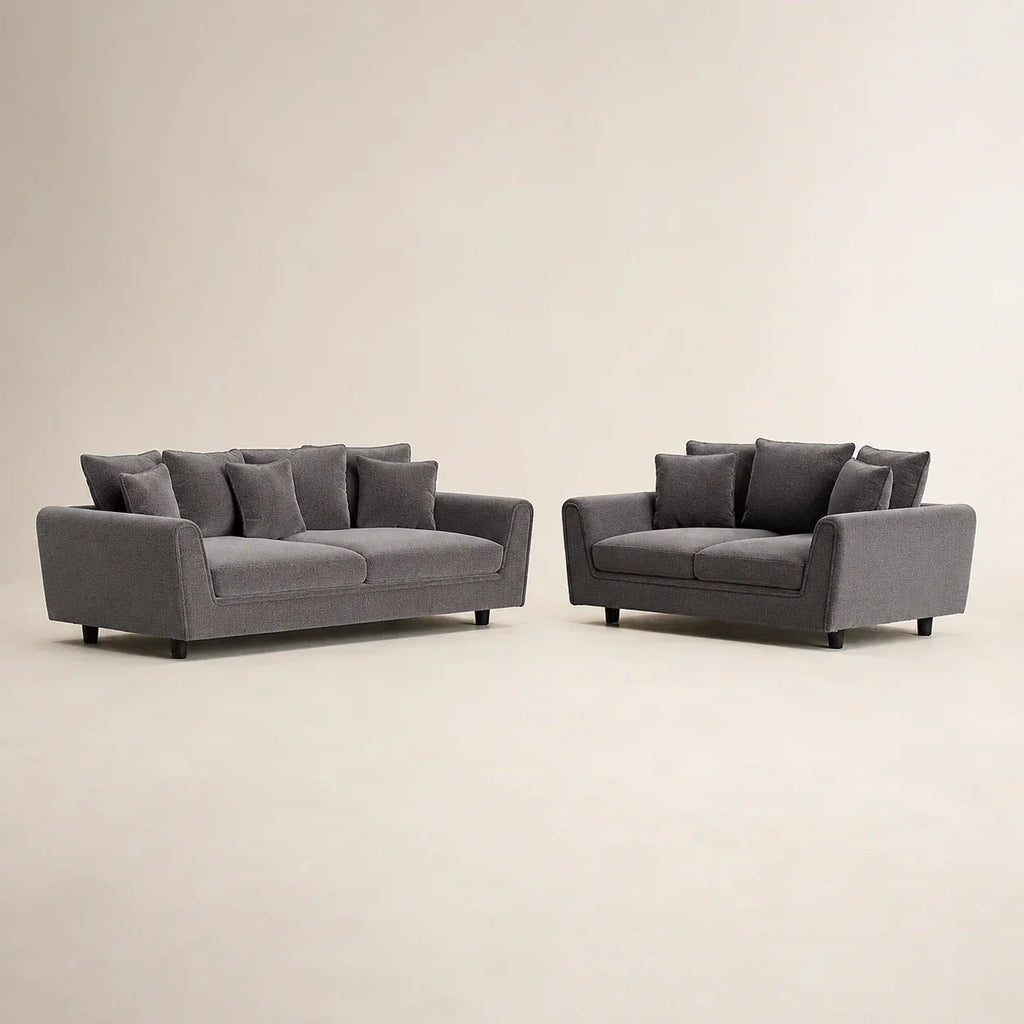 Grey fabric sofa set with matching cushions, modern living room furniture