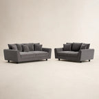 Grey fabric sofa set with matching cushions, modern living room furniture