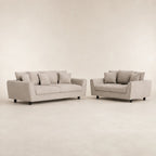 Beige fabric sofa set with matching loveseat, modern design, black legs, luxury living room furniture