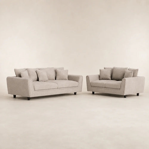 Beige fabric sofa set with matching loveseat, modern design, black legs, luxury living room furniture