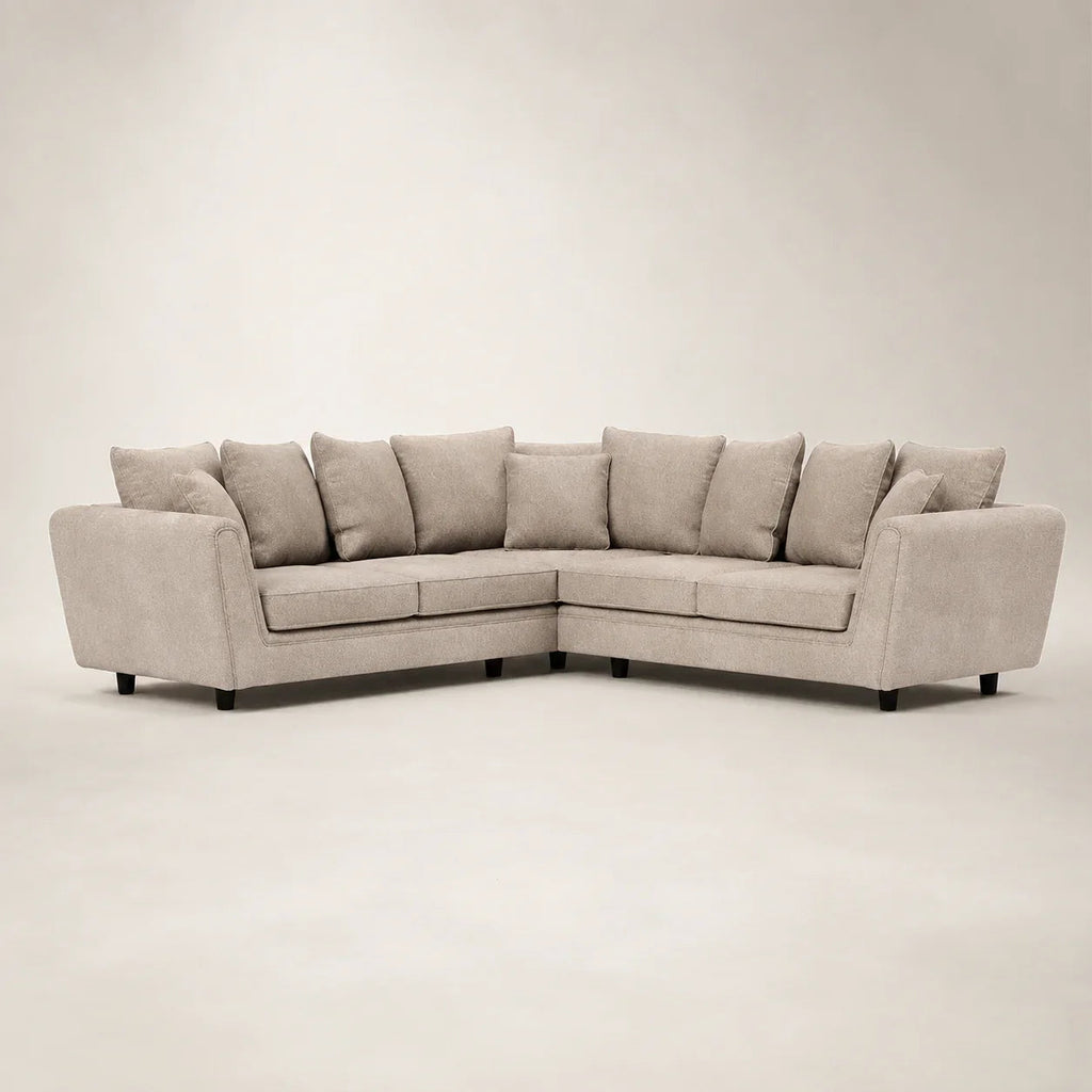 Luxury beige corner sofa with plush cushions and dark legs, ideal for modern living rooms