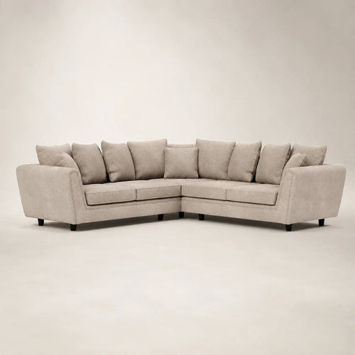 Luxury beige corner sofa with plush cushions and dark legs, ideal for modern living rooms