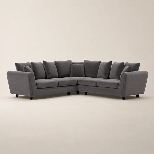 Grey L-shaped sectional sofa with plush cushions, modern luxury living room furniture