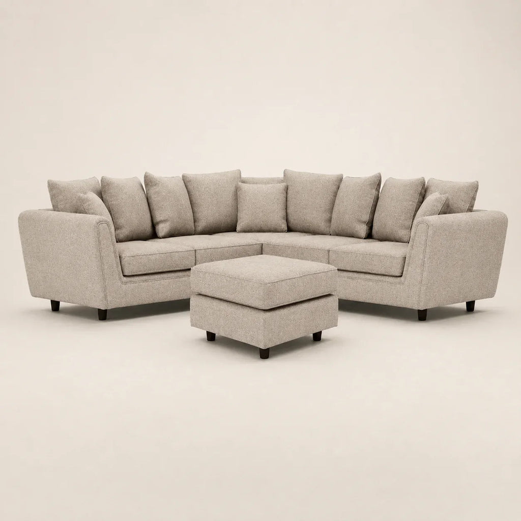 Luxury beige sectional sofa with matching ottoman, ideal for modern living rooms