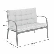 Striped outdoor sofa with grey metal frame, dimensions shown for garden or patio use