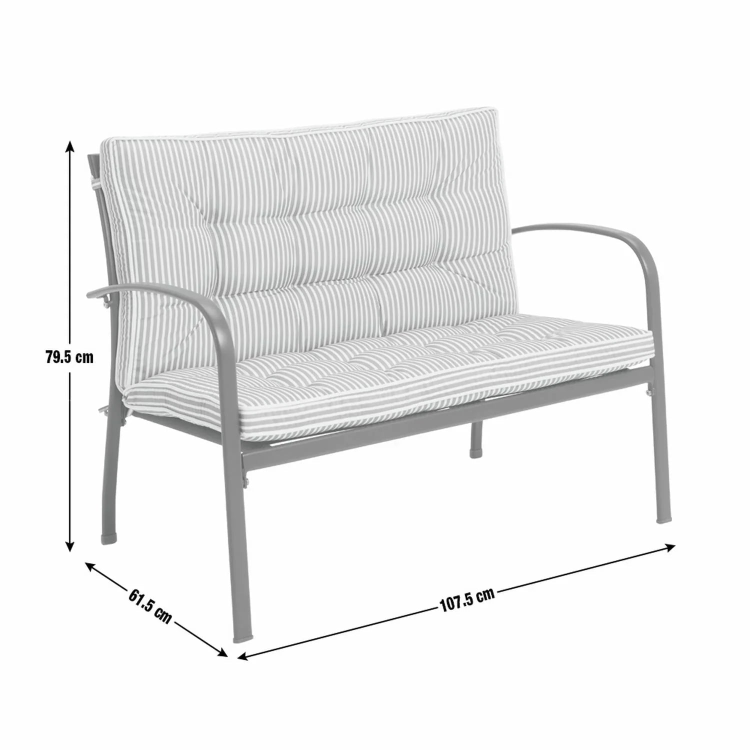 Striped outdoor sofa with grey metal frame, dimensions shown for garden or patio use
