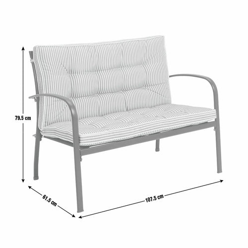 Striped outdoor sofa with grey metal frame, dimensions shown for garden or patio use