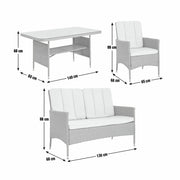 Grey wicker outdoor sofa set with white cushions, table & armchair, dimensions shown for garden furniture