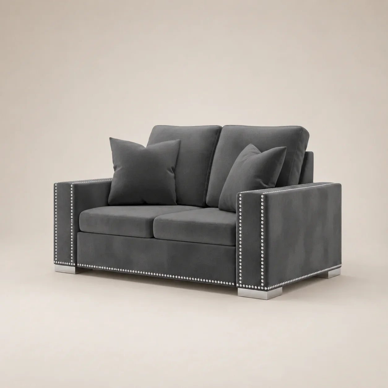 Grey velvet two-seater sofa with nailhead trim and matching cushions, modern luxury living room furniture