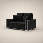 Black velvet two-seater sofa with silver nailhead trim and chrome feet, luxury living room furniture