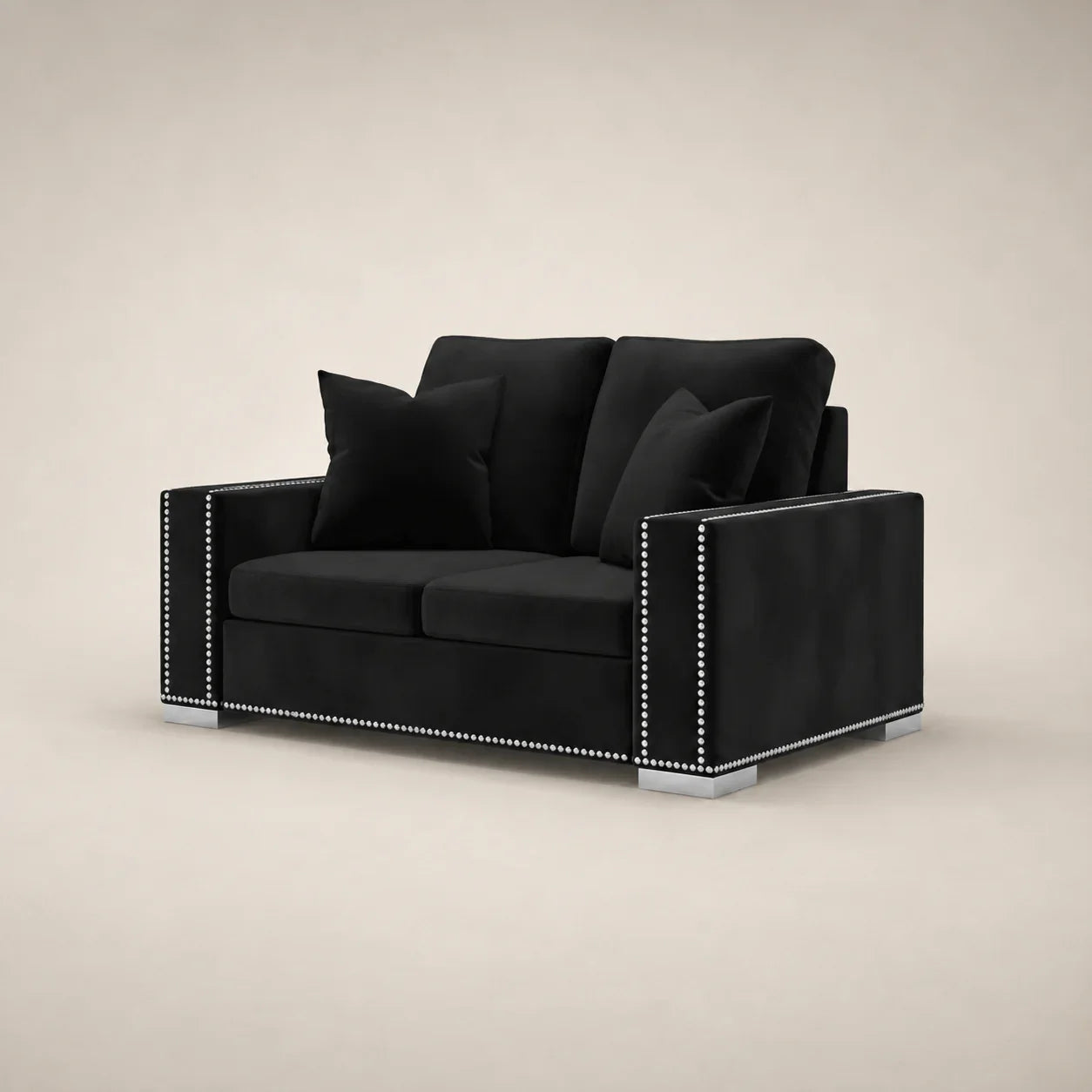 Black velvet two-seater sofa with silver nailhead trim and chrome feet, luxury living room furniture