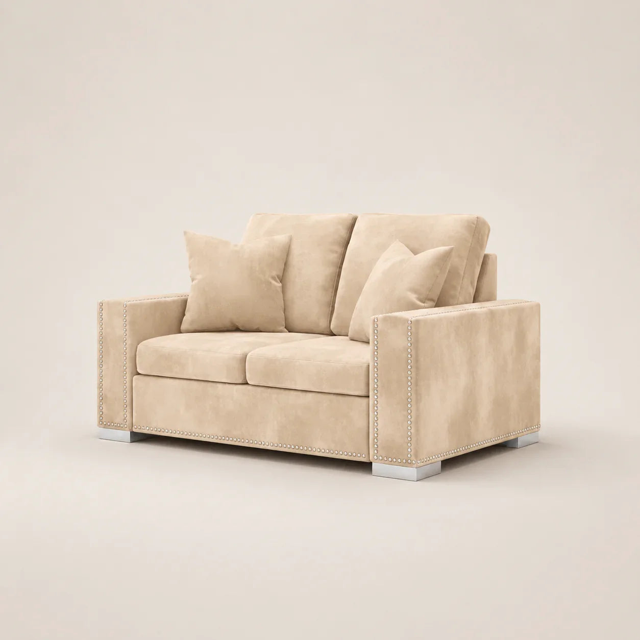 Beige velvet two-seater sofa with nailhead trim and matching cushions, modern luxury living room furniture