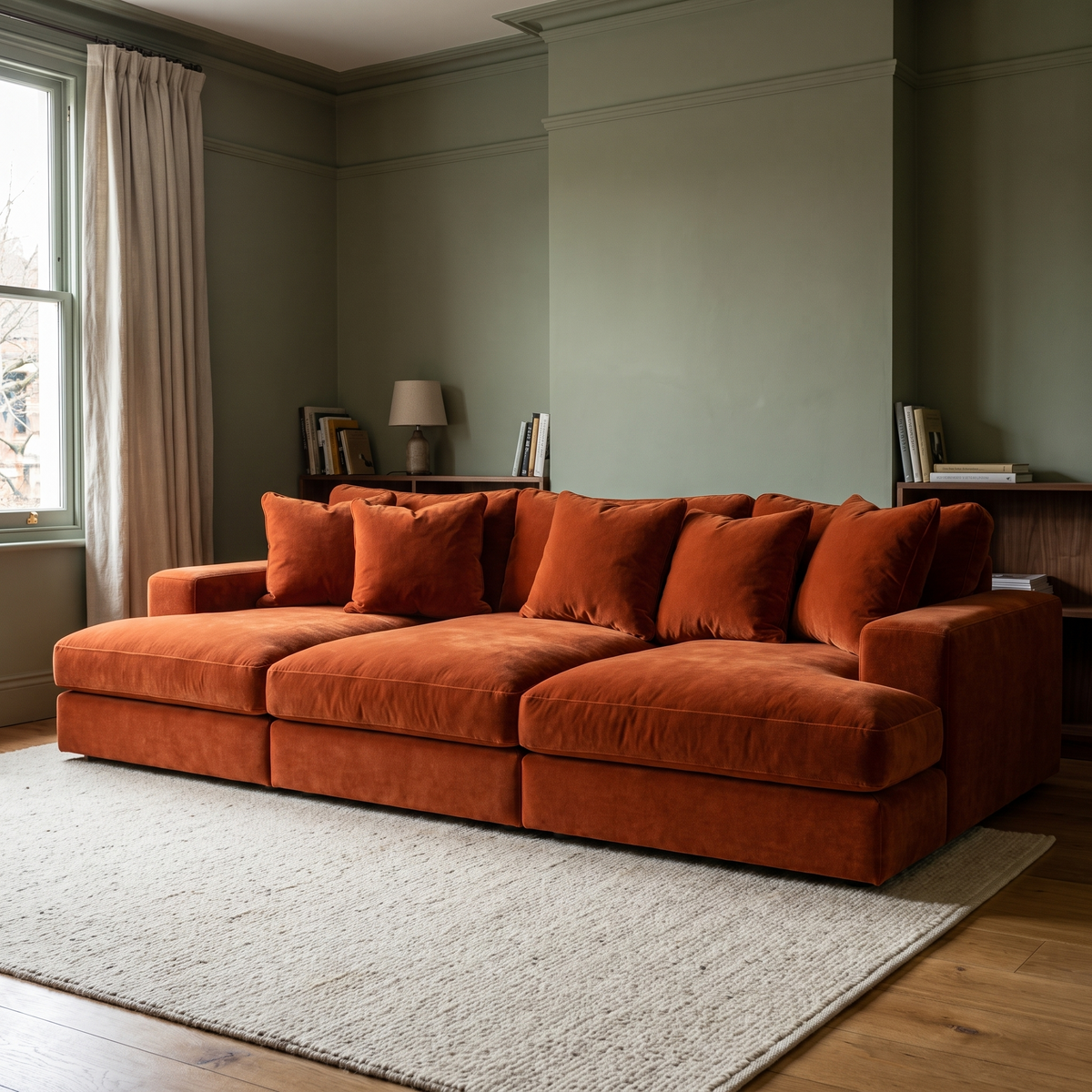 Aria Cinema Sofa in Plush Burnt Orange — lifestyle hero in a naturally lit moss-green living room
