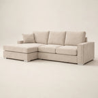 Beige sectional sofa with chaise lounge and nailhead trim, luxury living room furniture