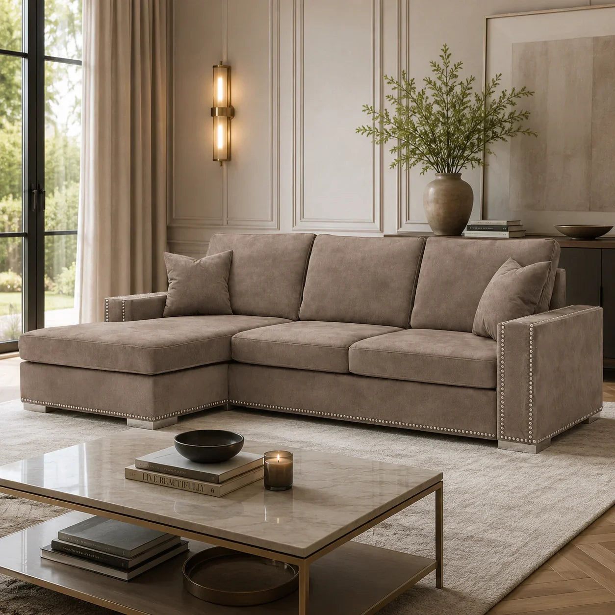 Luxury beige sectional sofa with nailhead trim in modern living room, perfect for UK homes