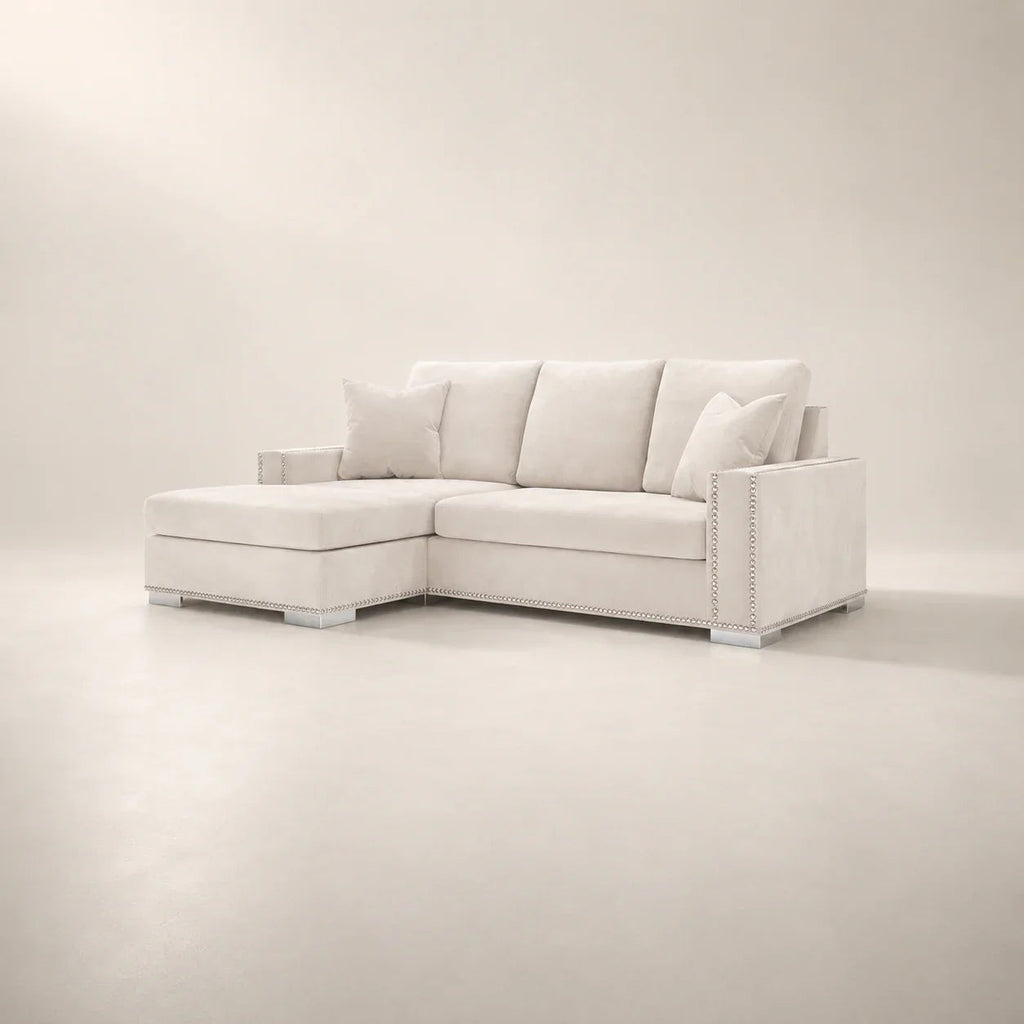Luxury white sectional sofa with chaise and nailhead trim, modern living room furniture