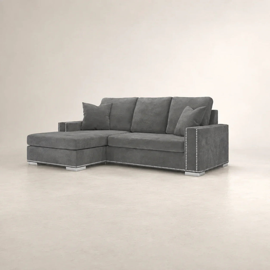Gray sectional sofa with chaise and nailhead trim, luxury living room furniture
