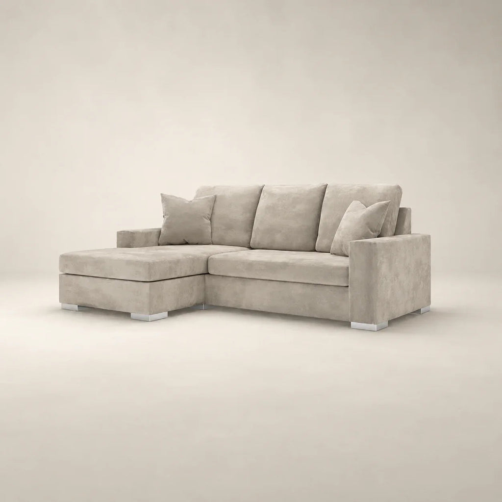 Luxury beige sectional sofa with chaise and plush cushions, modern design for living room comfort