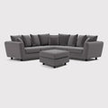 Grey double corner sofa with footstool and scatter cushions on white background