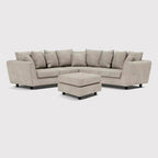 Modern beige double corner sofa with matching footstool, plush cushions, and fabric upholstery.