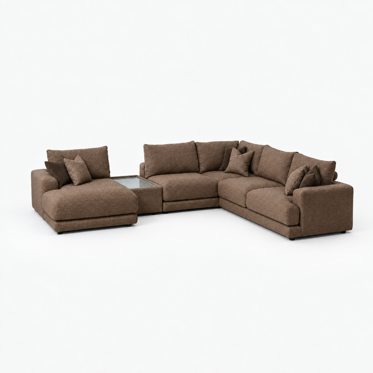 Aurelia Large Chaise Sofa & Glass-Top Table Set in Latte on a cold light grey background
