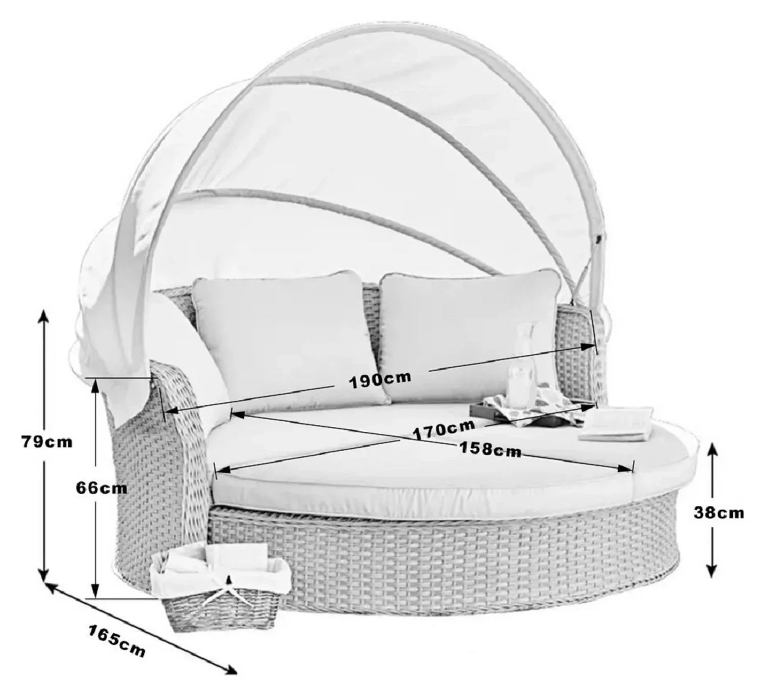 Round wicker daybed with canopy, white cushions, and dimensions shown for outdoor luxury seating