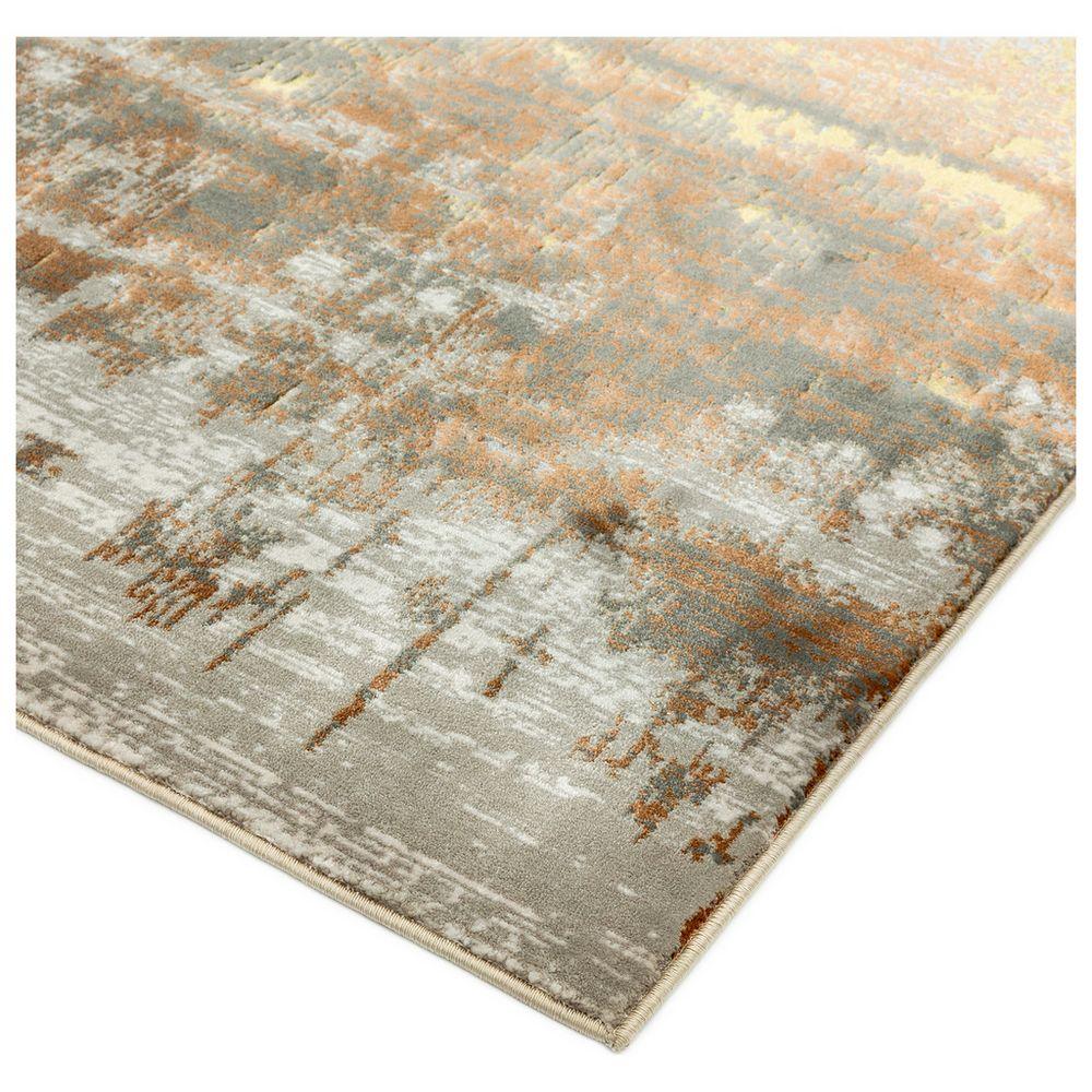 Modern abstract area rug with gray, beige, and rust tones, soft texture, and fringed edge for living room decor