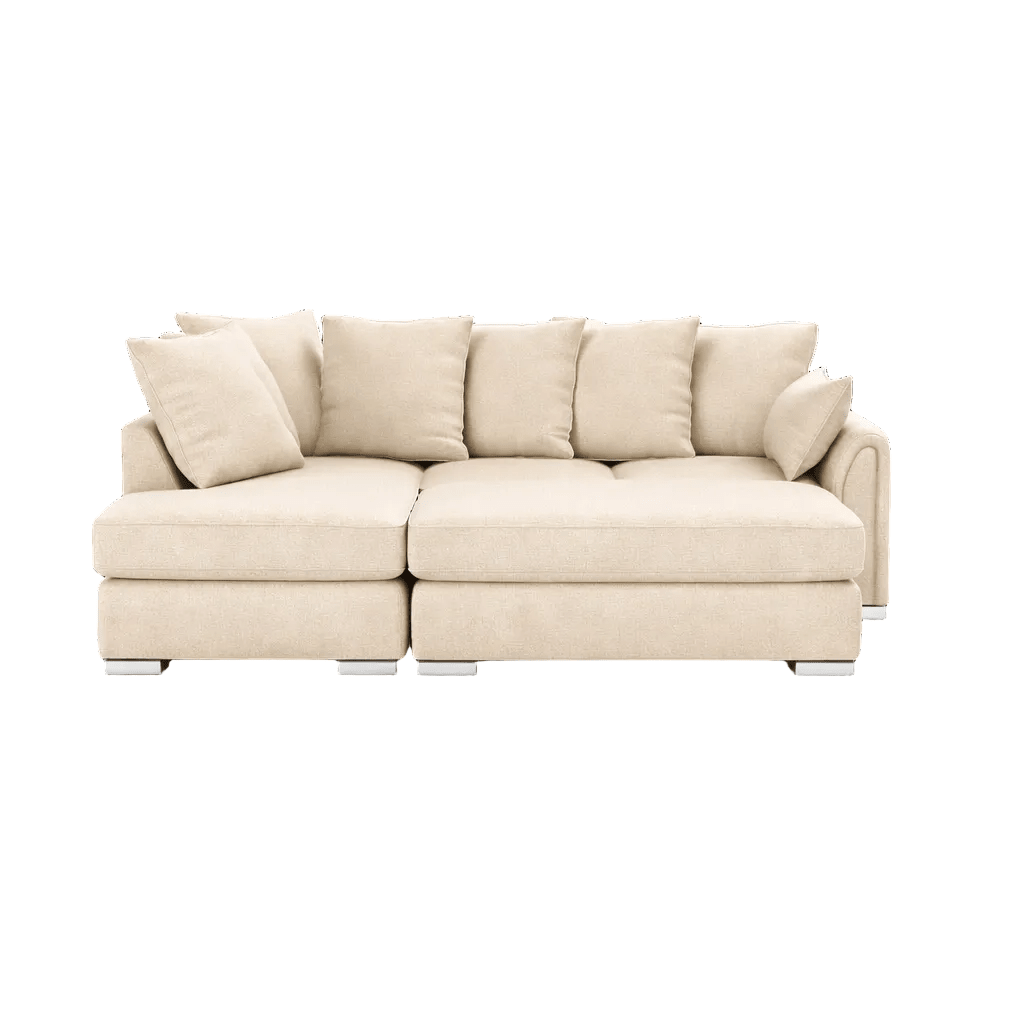 Modern beige sectional sofa with plush cushions and low profile design on white background