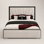 Luxury upholstered bed with tufted headboard, black and burgundy bedding, modern bedroom furniture