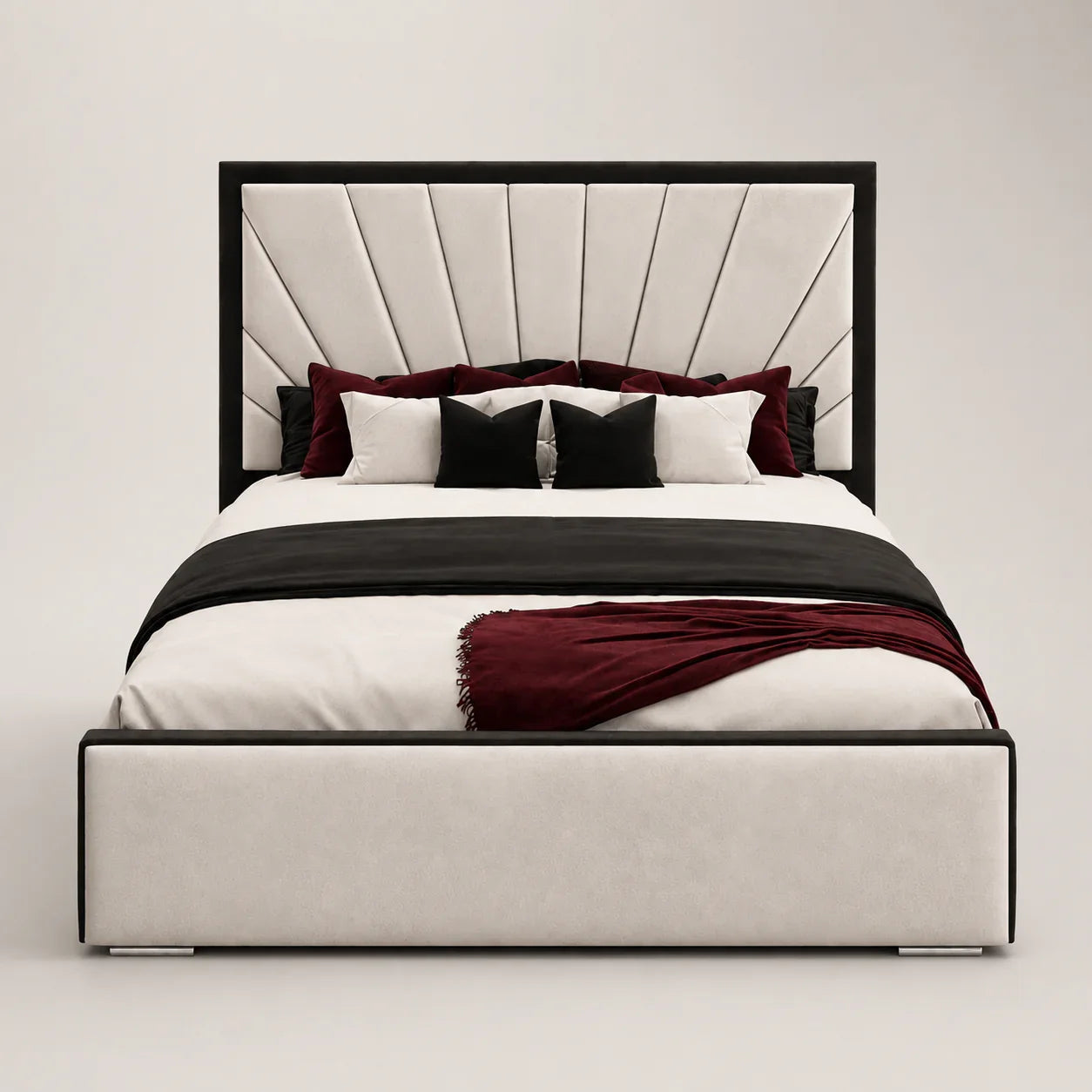 Luxury upholstered bed with tufted headboard, black and burgundy bedding, modern bedroom furniture